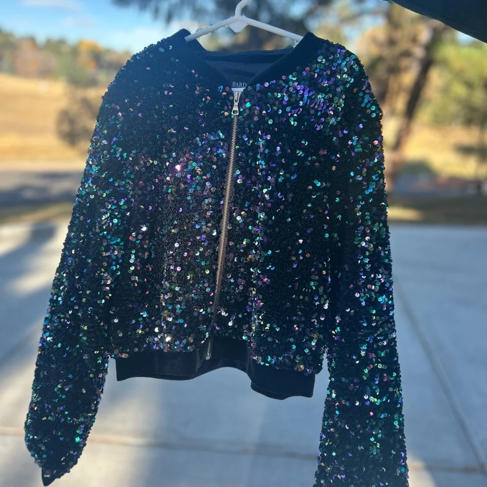 Bardot Girl's Nikki Sequined Sparkle Bomber Jacket Size 14 NWOT